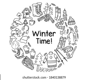 Winter time vector illustration. Hand drawn doodle of winter theme. Cartoon vector illustration art.