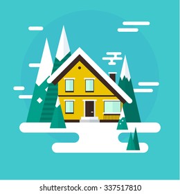 Winter time! Vector winter landscape. Simple Flat design. Mountains, buildings, trees and snow.