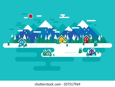 Winter time! Vector winter landscape. Simple Flat design. Mountains, buildings, trees and snow.