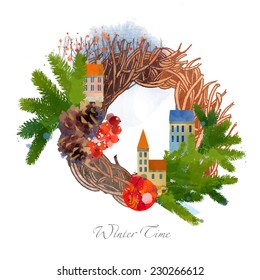 Winter time. Watercolor christmas vector wreath