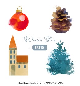 Winter time. Watercolor vector set for card design