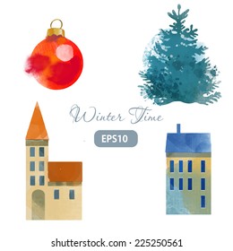 Winter time. Watercolor vector set for card design