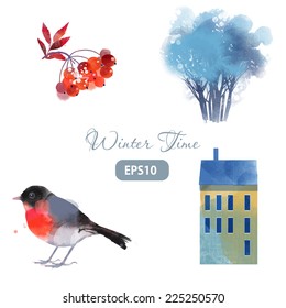 Winter time. Watercolor vector set for card design