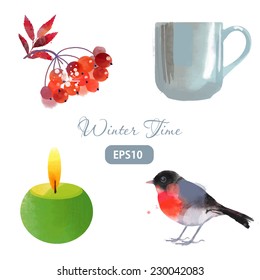Winter time. Watercolor vector set of xmas