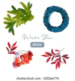 Winter time. Watercolor vector set for christmas wreath