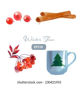 Winter time. watercolor vector set of christmas elements