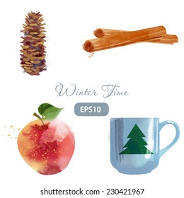 Winter time. watercolor vector set of christmas elements