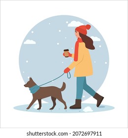 Winter time. Woman walks with dog outdoor. Cofee in hand. Vector illustration in flat style