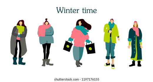 Winter time women set flat people