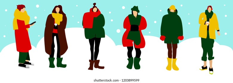Winter time women set flat people