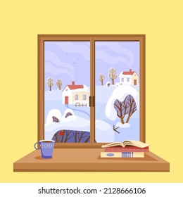 Winterzeit. Holzfenster mit Blick auf die Landschaft. Frostiger schneebedeckter Winter mit Bäumen und Sträuchern, Feldern, Hügeln und Häusern. Die Natur zu verschiedenen Zeiten des Jahres. Vektorgrafik.