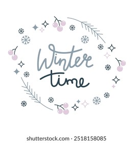 Winter time wreath vector illustration. Hand drawn doodle Christmas wreath. Greeting card, stationery, poster design.