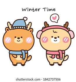 Winter time writing.Cute deer in cartoon hand drawn.Animals character graphic design.Christmas,New year,winter season concept.Vector.Illustration.