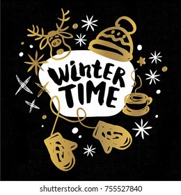 Winter Time You Merry Christmas Happy New tags set sketch style. Christmas lettering greeting cards. Golden festive doodles trendy firecracker fireworks. Hand drawn vector illustration.