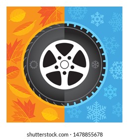 Winter Tire Fall Seasonal Swap With Leaves And Snow Flakes Background