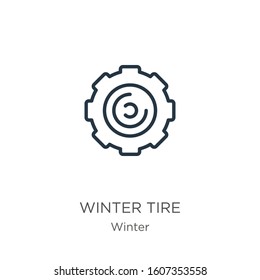 Winter tire icon. Thin linear winter tire outline icon isolated on white background from winter collection. Line vector sign, symbol for web and mobile