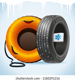 Winter tire with a winter label together with a snow tubing remind of change of tires.