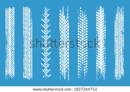 Winter tire mark. Vector tire mark trace. Detailed perspective auto or motorcycle wheel rubber profile white strip set isolated on blue background. Tyre protector imprint trail illustration