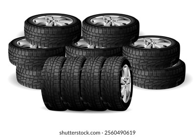 Winter tire stack. Car wheel rubber close-up, vector. Seasonal tire hip, radial profile rubber. Quality automobile transport service industry. Vehicle maintenance workshop, safety driving