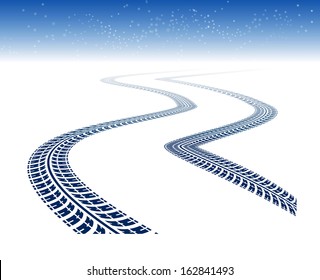 Winter tire tracks in perspective view with snowflakes