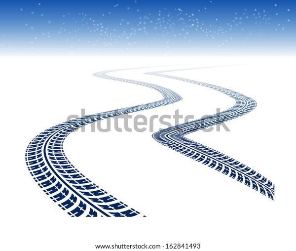 Winter\
tire tracks in perspective view with\
snowflakes