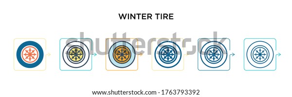 Winter tire vector icon in 6 different modern styles.
Black, two colored winter tire icons designed in filled, outline,
line and stroke style. Vector illustration can be used for web,
mobile, ui
