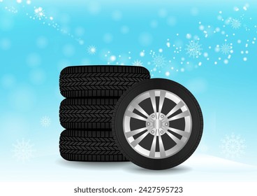 Winter Tires in Winter Season. Vector Illustration. 