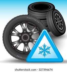 Winter tires and snow warning sign isolated on background. Vector illustration