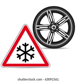 winter tires and snow warning sign - vector illustration
