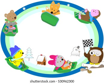 A winter title frame. Animals play with a sled.