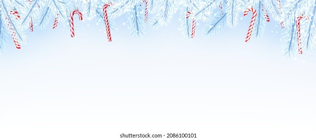 Winter top frame with blue and white spruce branches and hanging candy canes. Space for text. Vector illustration.