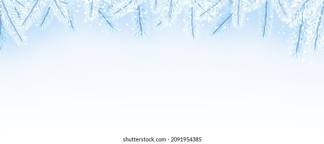 Winter top frame with blue and white spruce branches and snow. Space for text. Vector illustration.