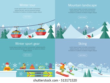 Winter tour. Mountain landscape. Winter sport gear. Skiing banners set. Winter recreational conceptual web banners. Funicular railway, landscape, skiing equipment, skier competition. Ski lift. Vector