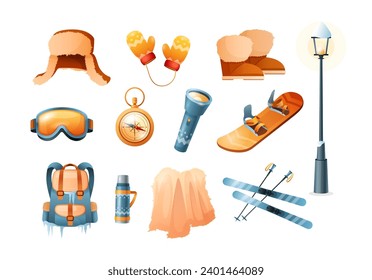 Winter tourism set. Vector season icon set with warm, cozy gloves, shoes, hat, coverlet, snowboard, ski, lantern, backpack, compass, flashlight, thermos. Christmas elements. Sports equipment