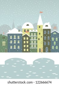 Winter town with a bridge.Winter decorations. Vector