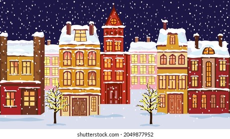 Winter town, Christmas greeting card,  colorful houses covered with snow, flat vector illustration.