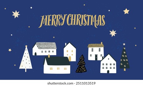 Winter town Christmas greeting card design, doodle houses and blue starry sky background.