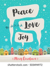 Winter town and Clouds of smoke with Christmas greeting. Christmas vector illustration.