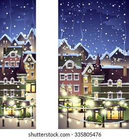 winter town decorated with christmas light , vector banner