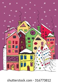 Winter town. Doodle houses with smoking chimneys and stylized fir trees with Christmas decoration.
