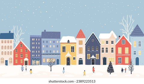 Ciudad invernal, casas decoradas con festividades, caída de nieve y gente caminando. Diseño vectorial de banderas de Navidad