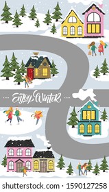 Winter town. Flat style vector illustration of Christmas cityscape. New year and Xmas Holidays design.
