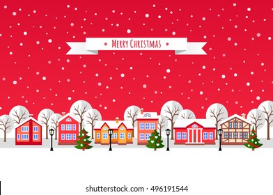 Winter town. Flat style vector illustration of Christmas cityscape. New year and Xmas Holidays design.