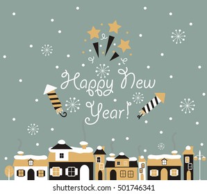 Winter town. Happy new year Greeting Card with lettering. Vector illustration.