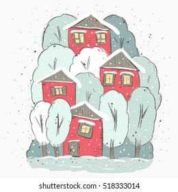 Winter town. Houses and trees in the snow. Cute winter landscape  Merry Christmas and Happy New Year Background with Winter City Landscape. House in the snow. Winter house. Winter. Trees in the snow.