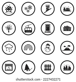 Winter Town Icons. Black Flat Design In Circle. Vector Illustration.
