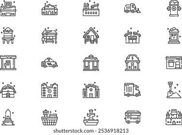 Winter town icons collection is a vector illustration with editable stroke.