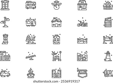 Winter town icons collection is a vector illustration with editable stroke.