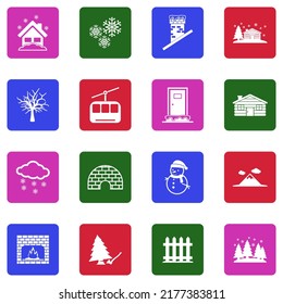 Winter Town Icons. White Flat Collection In Square. Vector Illustration.