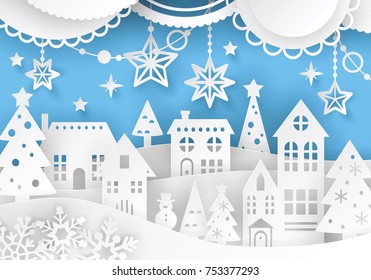 Winter town landscape with Christmas celebration decorations. Paper art style